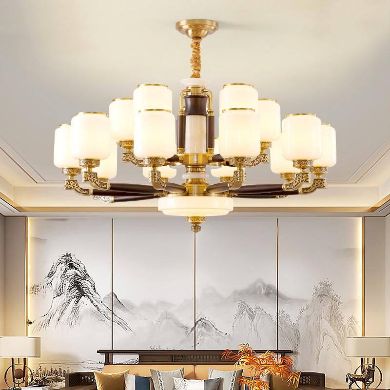 004中式木艺黄铜玉石吊灯004-3811玻璃灯罩